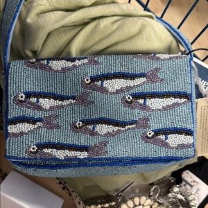 Beaded Fish Design Shoulder Bag - Blue